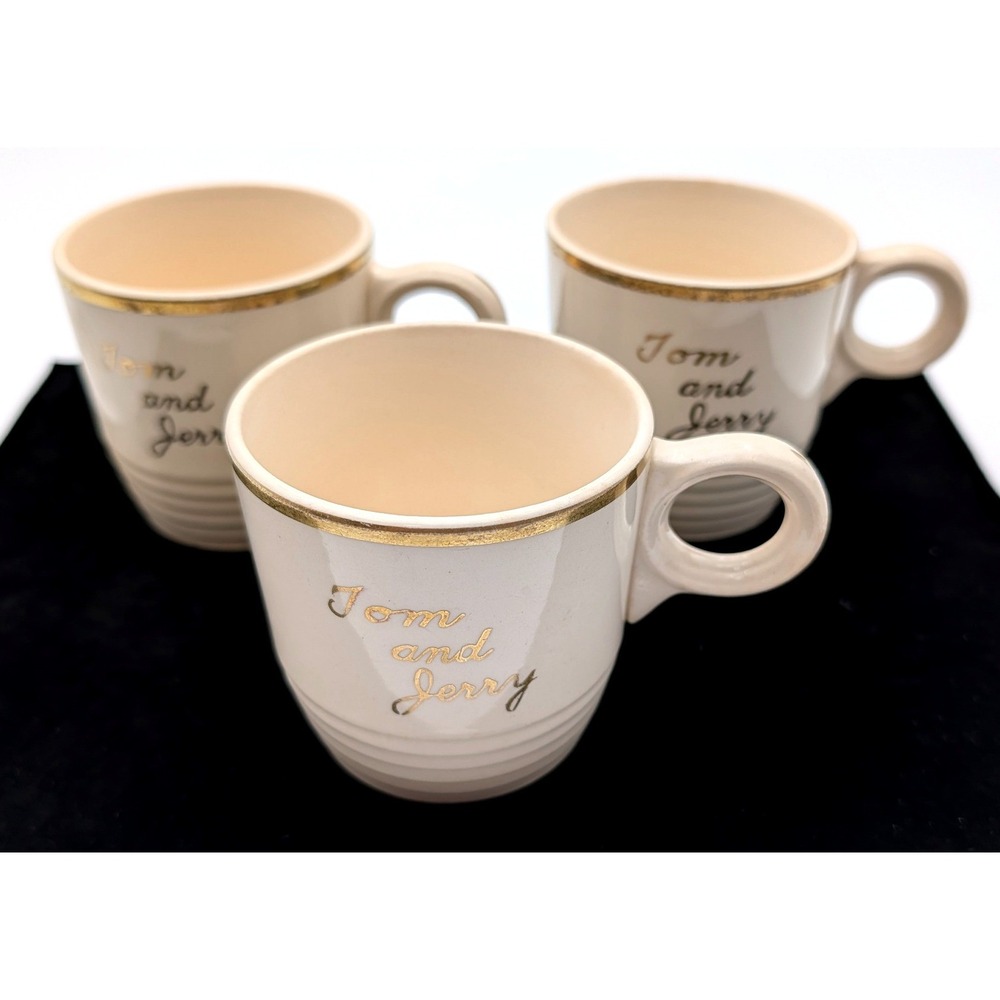 Vintage Tom and Jerry Mugs Set of 3 Cream Ceramic Gold Trim Holiday Barware